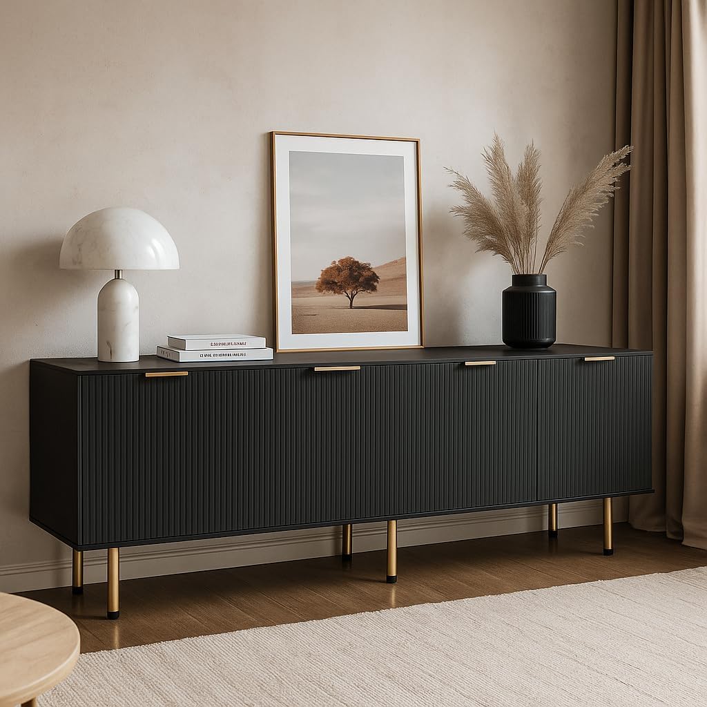 TV Stand for 80 Inch TV, Fluted TV Stand for Living Room, Mid Century Modern TV Stand with Adjustable Shelf, TV Entertainment Center with Storage for Bedroom, 70Inch, Black