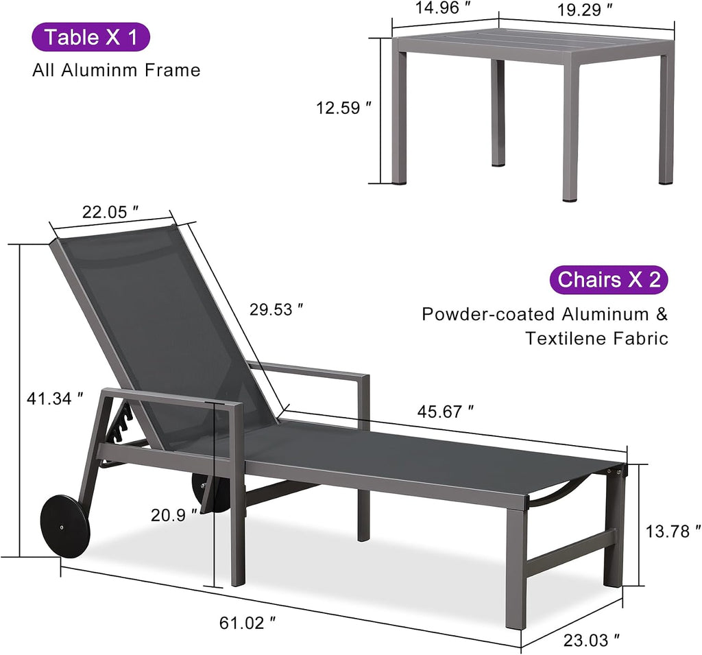 PURPLE LEAF Chaise Lounge Outdoor Set for 2 with Armrest, Grey | All-aluminum supportive armrests, effortless sitting & standing transitions, stylish design, ultimate outdoor leisure