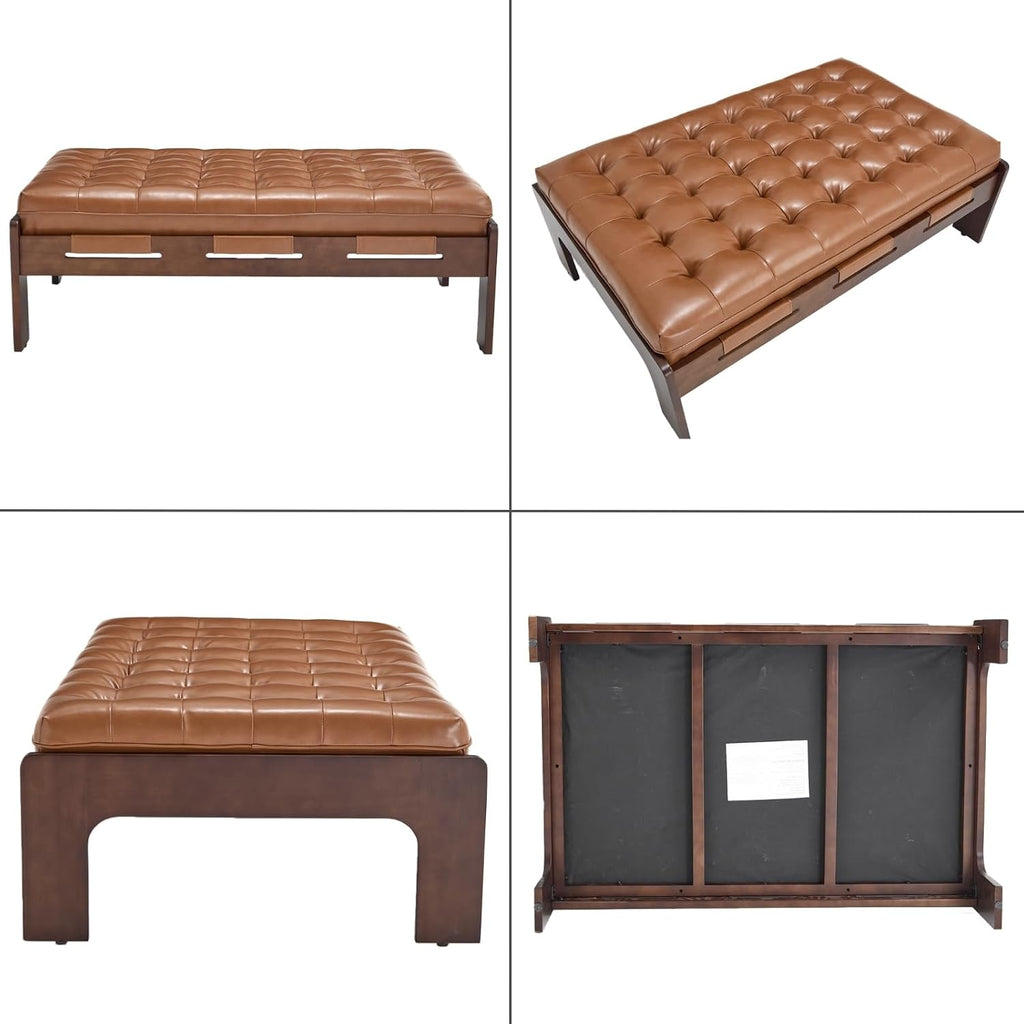 chairus 47.75" Large Rectangle Ottoman Coffee Table, Tufted Faux Leather Upholstered Living Room Coffee Table with Solid Wood Frame, Oversized Mid-Century Modern Footrest Ottoman, Brown PU