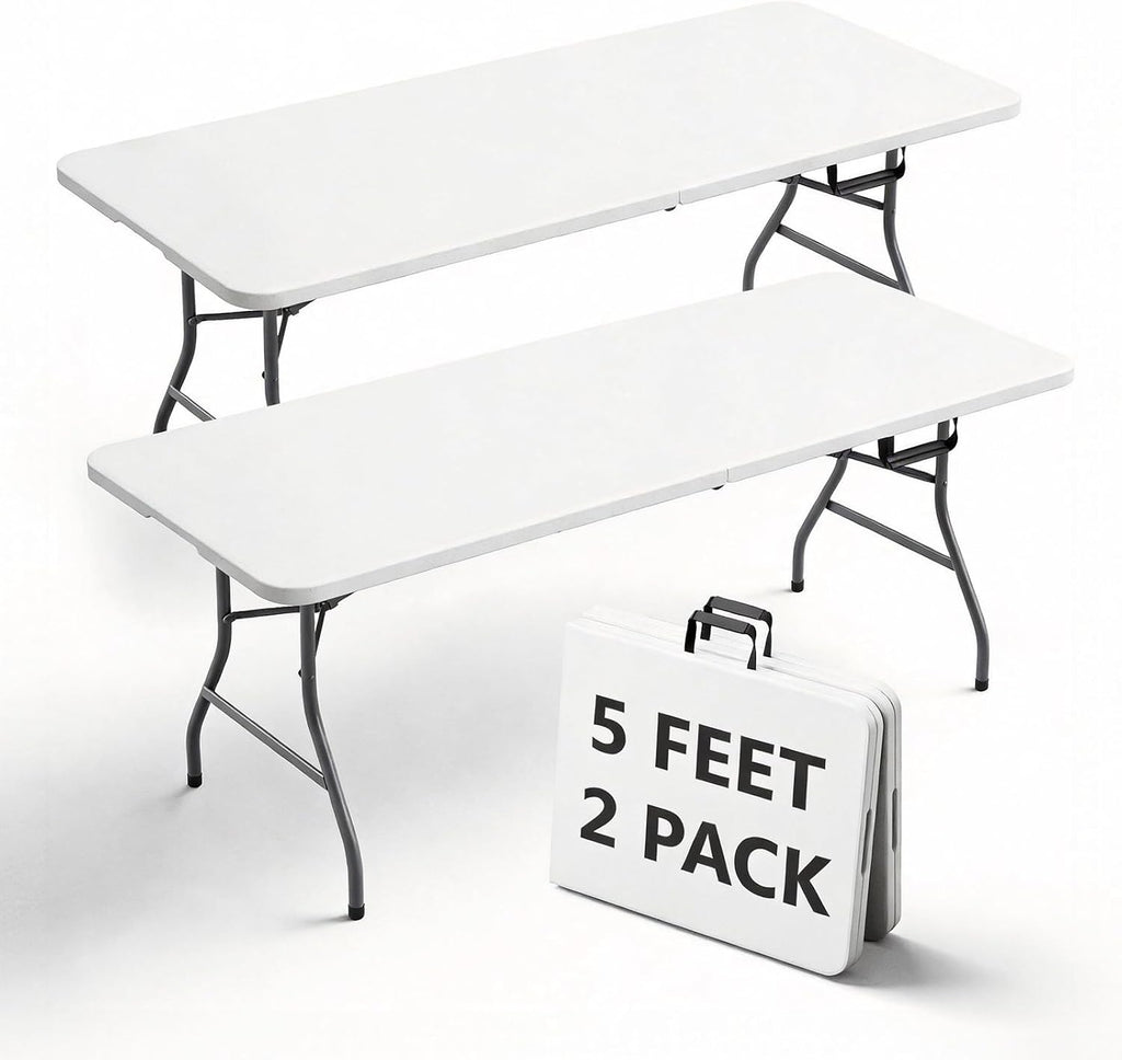 Folding Table 5FT 2 Pack Heavy Duty Plastic Table, Foldable & Portable, Fold-in-Half Utility Tables for Outdoor, Dining, Wedding, Events, Indoor, Picnic, Camping, Party,White