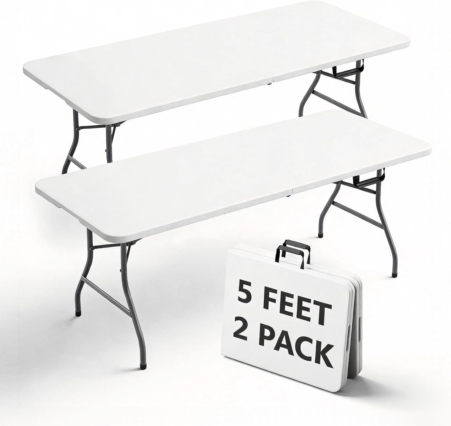 Folding Table 5FT 2 Pack Heavy Duty Plastic Table, Foldable & Portable, Fold-in-Half Utility Tables for Outdoor, Dining, Wedding, Events, Indoor, Picnic, Camping, Party,White