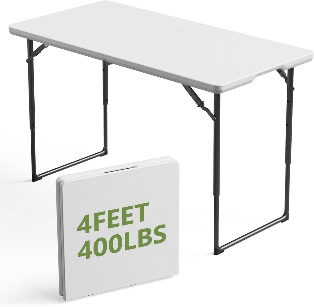 4FT Folding Table 3 Levels Adjustable Height, Heavy Duty Fold-in-Half Portable Table, 400 lbs Capacity Foldable Table for Party Dining Camping Events Picnic Outdoor Indoor Use