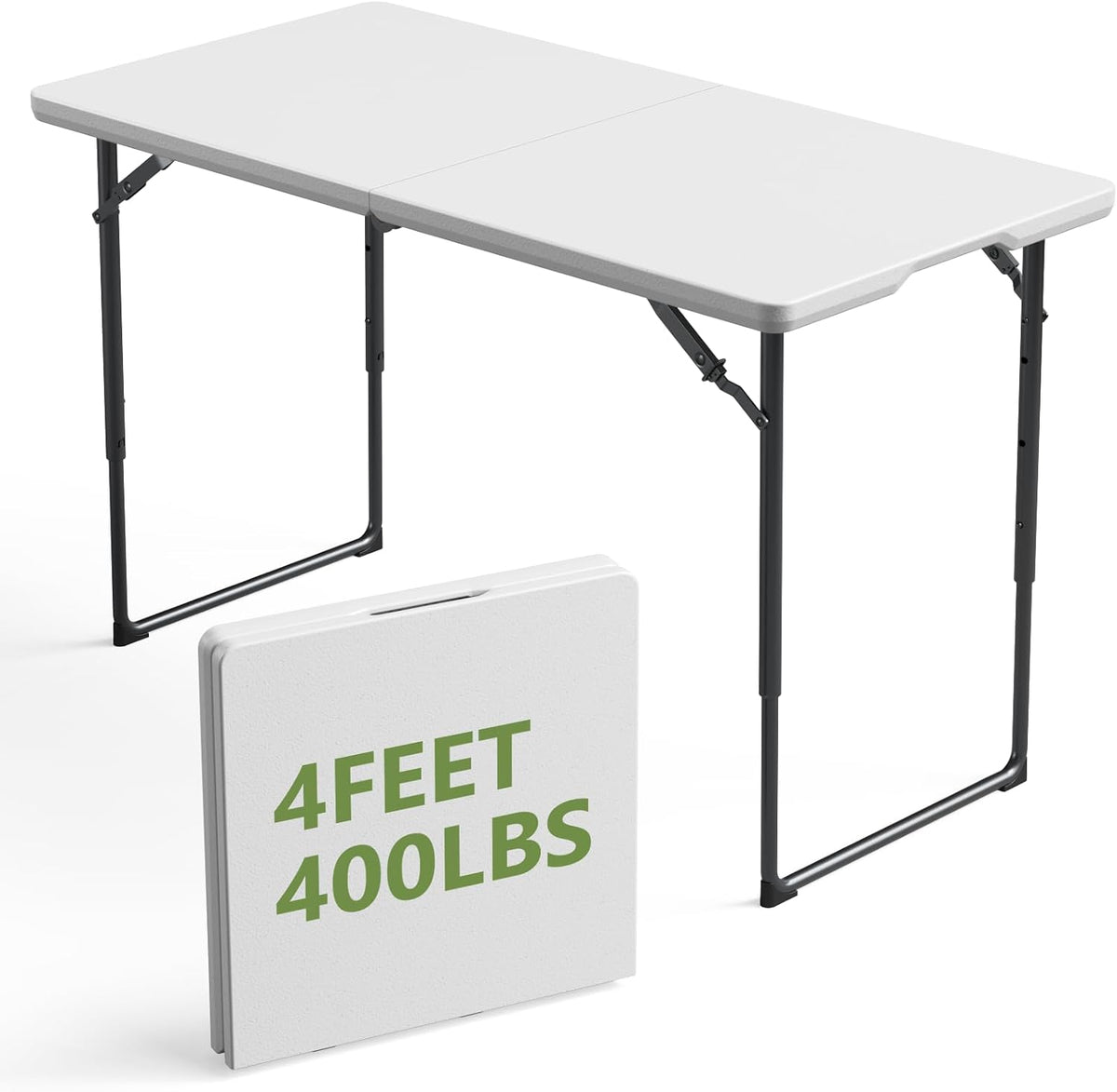 4FT Folding Table 3 Levels Adjustable Height, Heavy Duty Fold-in-Half Portable Table, 400 lbs Capacity Foldable Table for Party Dining Camping Events Picnic Outdoor Indoor Use