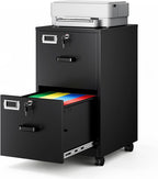 2-Drawer Rolling File Cabinet with Lock, Mobile Vertical File Cabinet for Hanging A4/Letter/Legal Size Folder, Under Desk Small Filing Cabinets for Home Office, Assembly Required,Black
