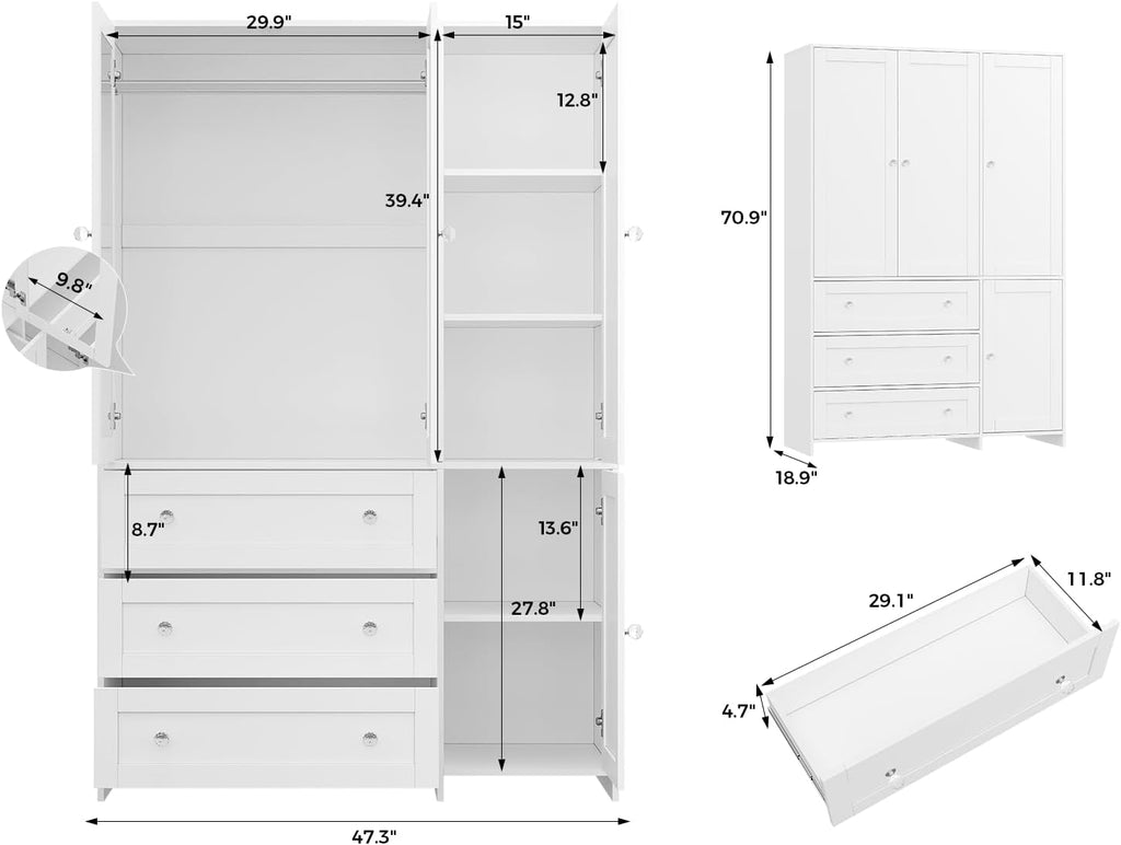 VOWNER 71" Armoire Wardrobe Closet with 3 Drawers and Mirror | Clothing Storage Cabinet with Hanging Rod, 4 Doors Wooden Wardrobe Cabinet for Bedroom, Large Capacity Storage