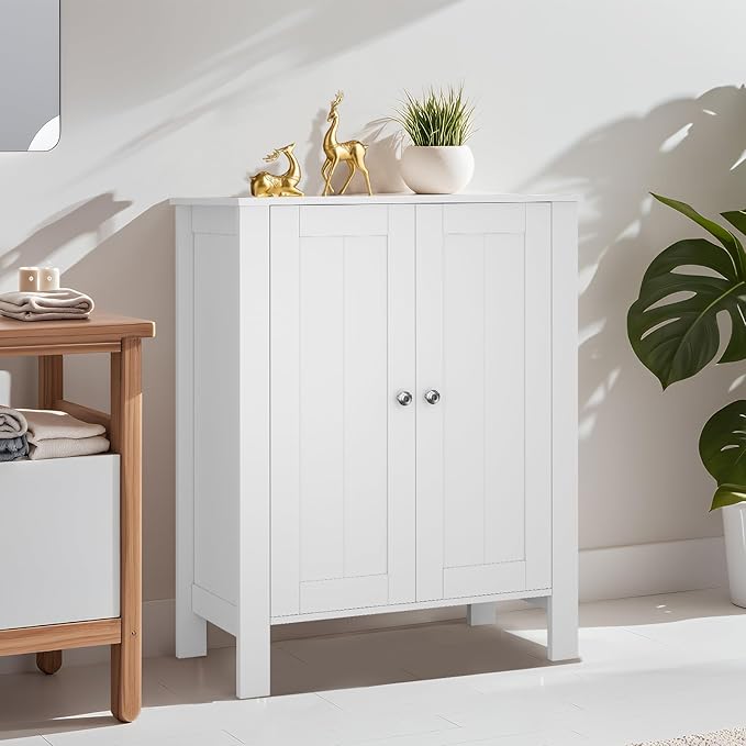 Bathroom Cabinet, Modern Bathroom Floor Storage Cabinet, Freestanding Organizer with Adjustable Shelves & Double Doors, 3-Tier Home Living Room Furniture