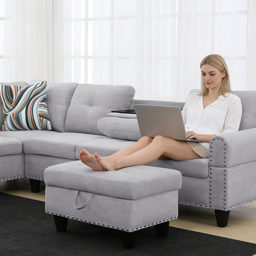 Ottoman with Storage for Living Room, 28.5'' Linen Living Room Ottomans Foot Rest, Upholstered Entryway Bench, End of Bed Storage Bench, Small Ottoman Foot Stool, Tufted Coffee Table, For Bedroom
