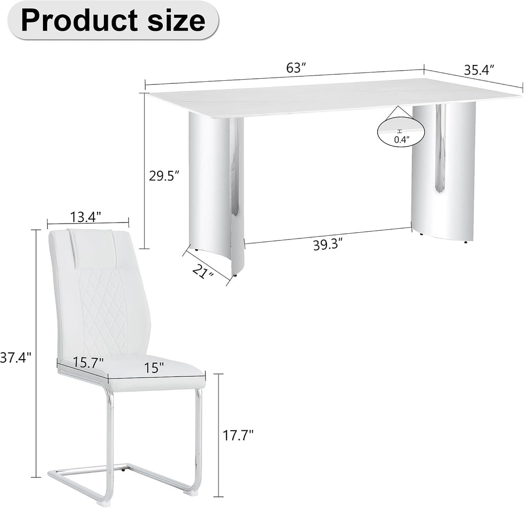 Marble Dining Table Set for 6,63" Kitchen Table Set of 6,Rectangle Dining Room Table Set with Silver Chrome Legs,Tempered Glass Dining Table Set with White Faux Leather Chairs for Dining Room