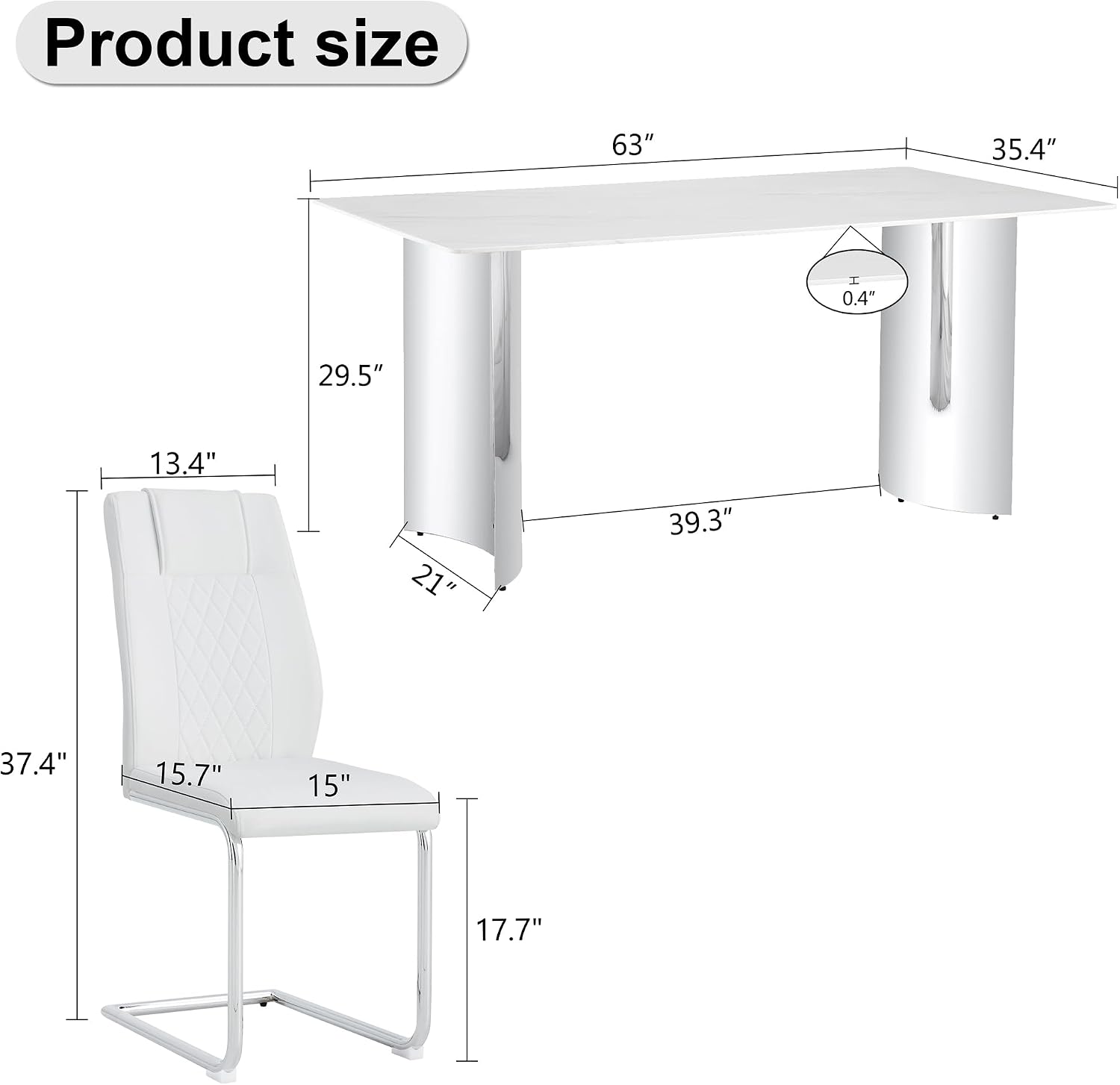 Marble Dining Table Set for 6,63" Kitchen Table Set of 6,Rectangle Dining Room Table Set with Silver Chrome Legs,Tempered Glass Dining Table Set with White Faux Leather Chairs for Dining Room