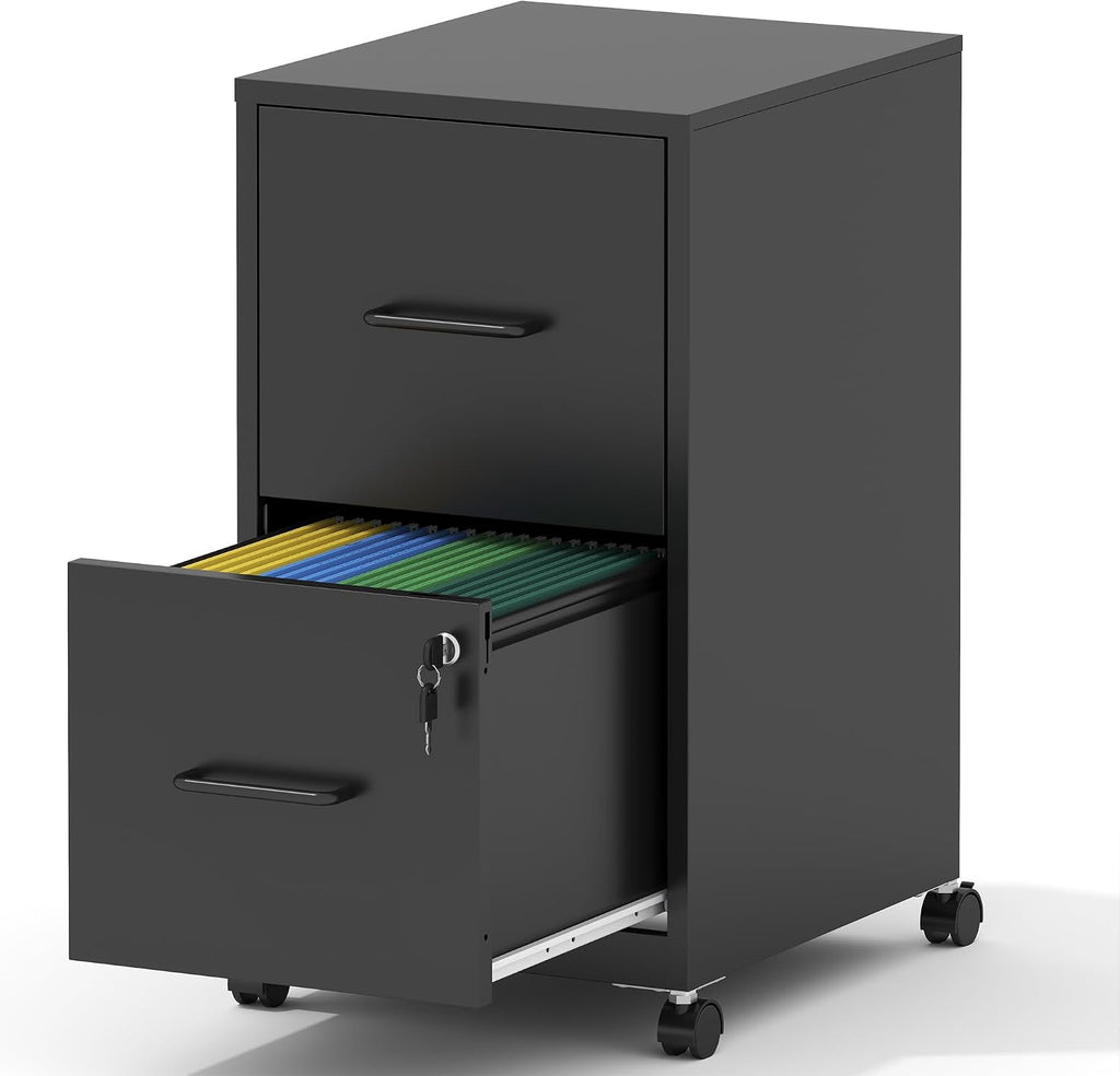 2-Drawer Mobile File Cabinet with Lock & Wheels,Under Desk File Cabinets for Home Office,Steel Rolling Cabinet for Legal/Letter Files(Black)