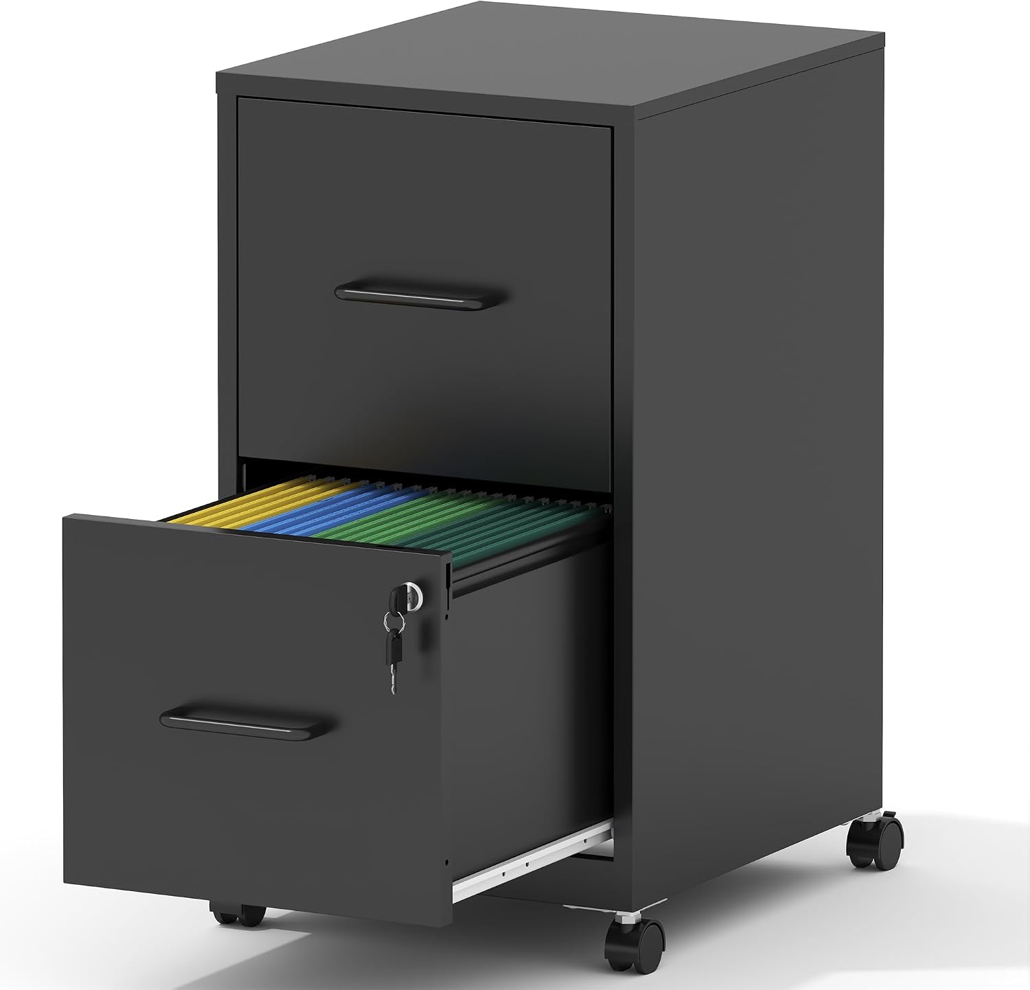 2-Drawer Mobile File Cabinet with Lock & Wheels,Under Desk File Cabinets for Home Office,Steel Rolling Cabinet for Legal/Letter Files(Black)