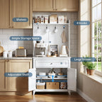 Garvee Pantry Cabinet with 4 Hooks, Kitchen Pantry Cabinet, Coffee Bar Table with Drawer & Adjustable Shelves, White
