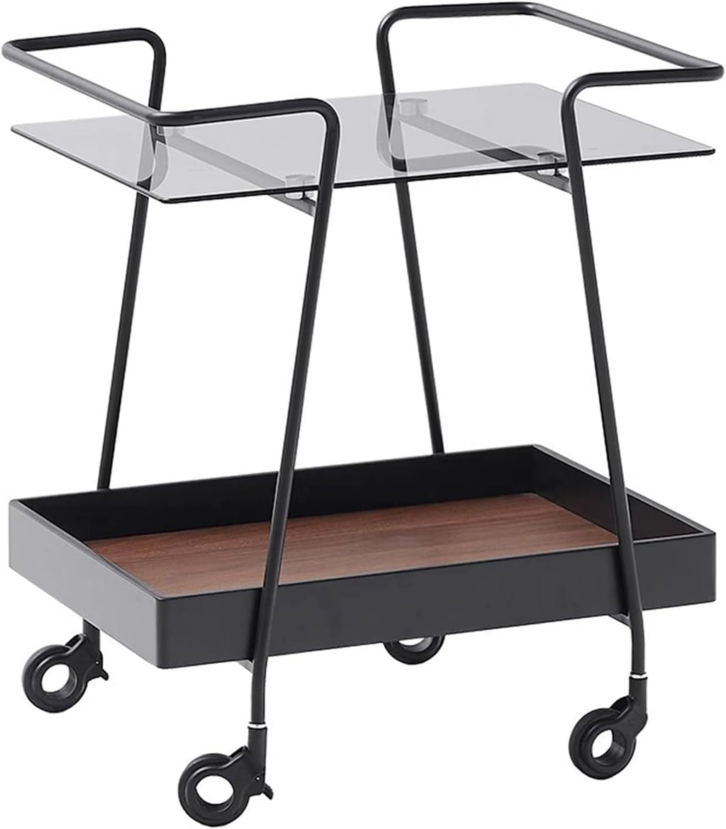 2 Tier Side Table with Wheels End Tables with Storage Shelf Storage Cart with Glass Top Small Coffee Table for Home Solid Construction
