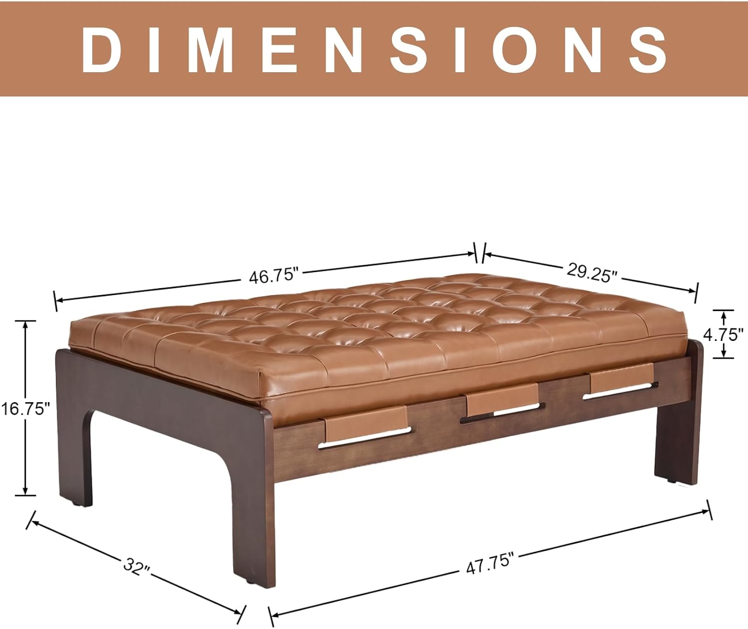 chairus 47.75" Large Rectangle Ottoman Coffee Table, Tufted Faux Leather Upholstered Living Room Coffee Table with Solid Wood Frame, Oversized Mid-Century Modern Footrest Ottoman, Brown PU
