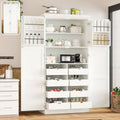 Freestanding Kitchen Pantry Cabinet with 8 Pullout Trays, Tall Storage Organizer with 4 Doors and Adjustable Shelves for Dining Room, Shaker Style (White)