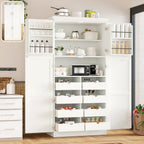 Freestanding Kitchen Pantry Cabinet with 8 Pullout Trays, Tall Storage Organizer with 4 Doors and Adjustable Shelves for Dining Room, Shaker Style (White)
