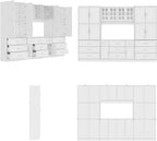 Timechee Cupboard, Kitchen Pantry Storage Cabinet, White Modern Food Pantry Cabinet with 8 Cabinets, 11 Drawers and 4 Display Doors for Living Room, Kitchen(15.7" D x 110.2" W x 78.7" H)
