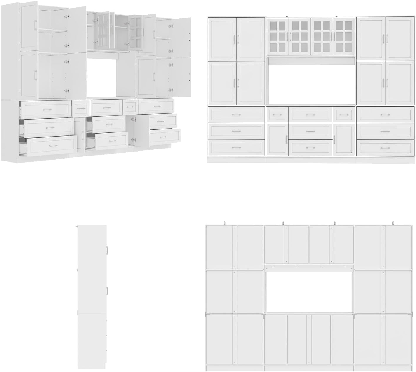 Timechee Cupboard, Kitchen Pantry Storage Cabinet, White Modern Food Pantry Cabinet with 8 Cabinets, 11 Drawers and 4 Display Doors for Living Room, Kitchen(15.7" D x 110.2" W x 78.7" H)