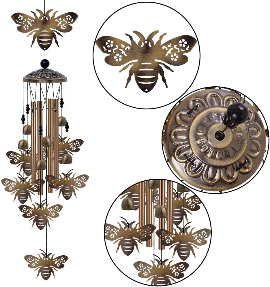 Outdoor Bees Wind Chimes Gifts for Mom - Bronze Memorial Wind Bells, Mobile Sympathy Wind Catcher, Romantic Bee Decor, 7 Bees Windchimes for Home, Balcony, Tree, Garden Festival Hanging Decoration