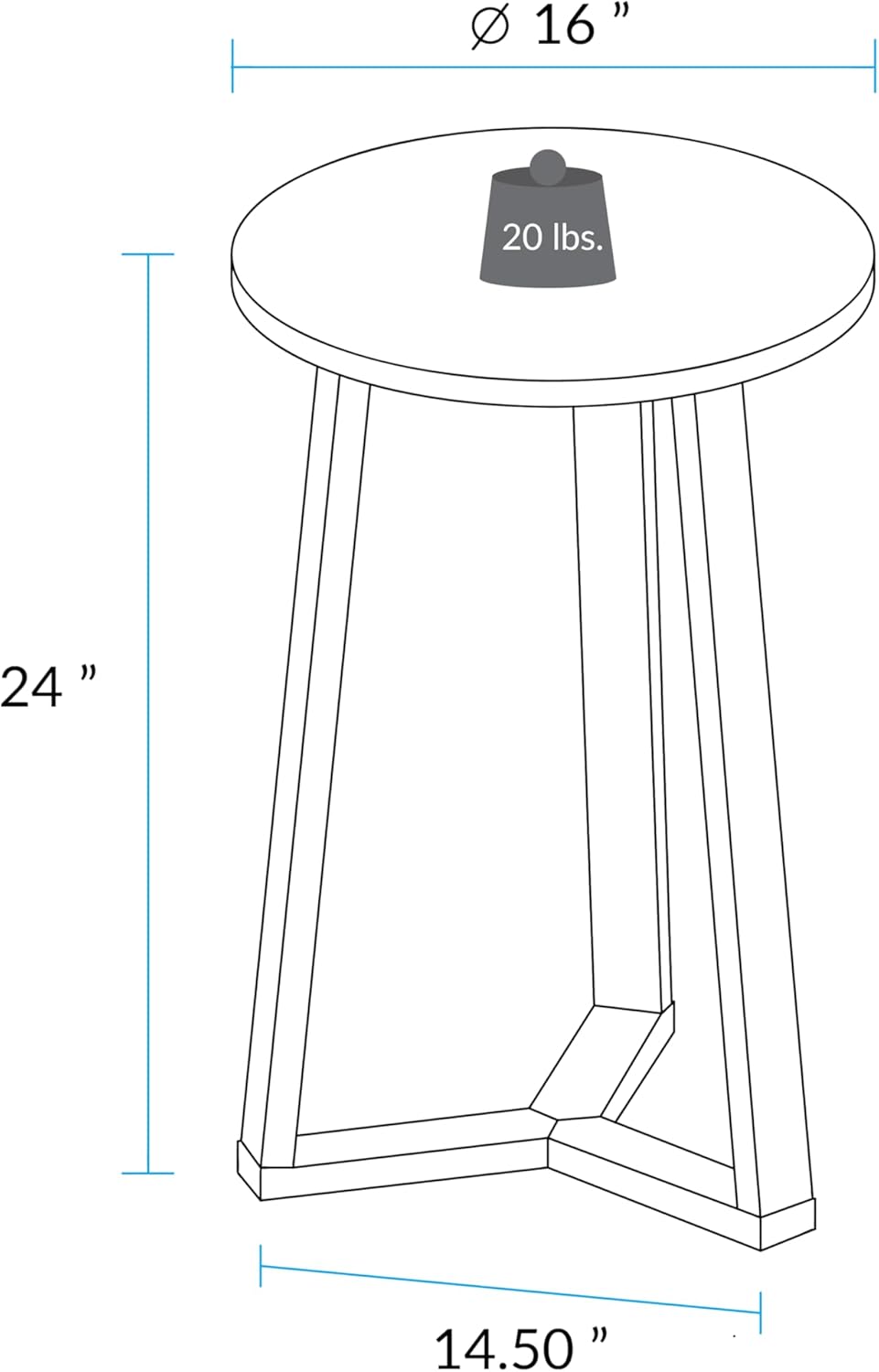 Tripod 16" W Round Side Modern Table with Solid American Hardwood Legs, Natural