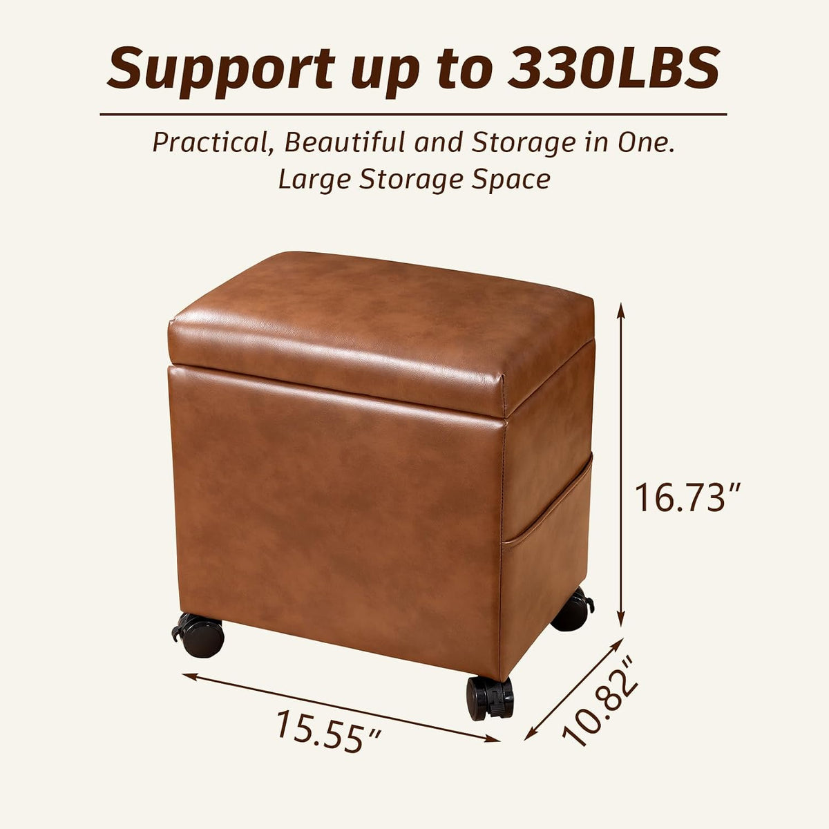 16" Faux Leather Storage Ottoman Foot Rest Stool with Wooden Tray, Footstool with Side Pocket & Wheels, Small Space Coffee Table & Seat for Living Room, Bedroom, Vintage Orange