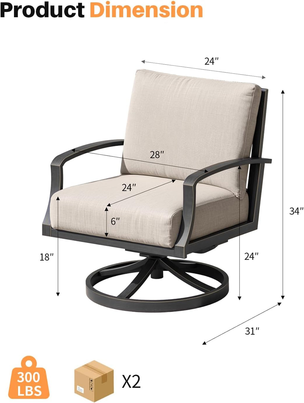 Patio Swivel Armchairs Set of 2, Never-Rust Aluminum Swivel Sofa Chairs with Thick Cushion, Wide Seating Outdoor Sofa Chairs Backyard Club Chairs for Poolside, Porch, Indoor, Dark Bronze