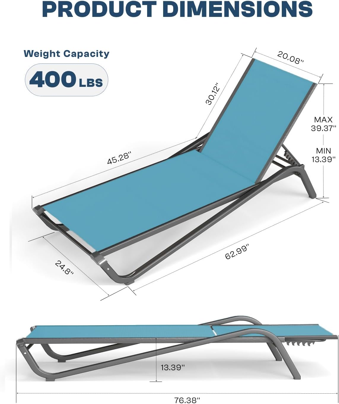 Patio Chaise Lounge Chairs Set of 4, All-Weather Aluminum Pool Loungers for Outside, 5-Position Adjustable Sunbathing Chairs for Tanning, Stackable for Backyard, Poolside, Sky Blue