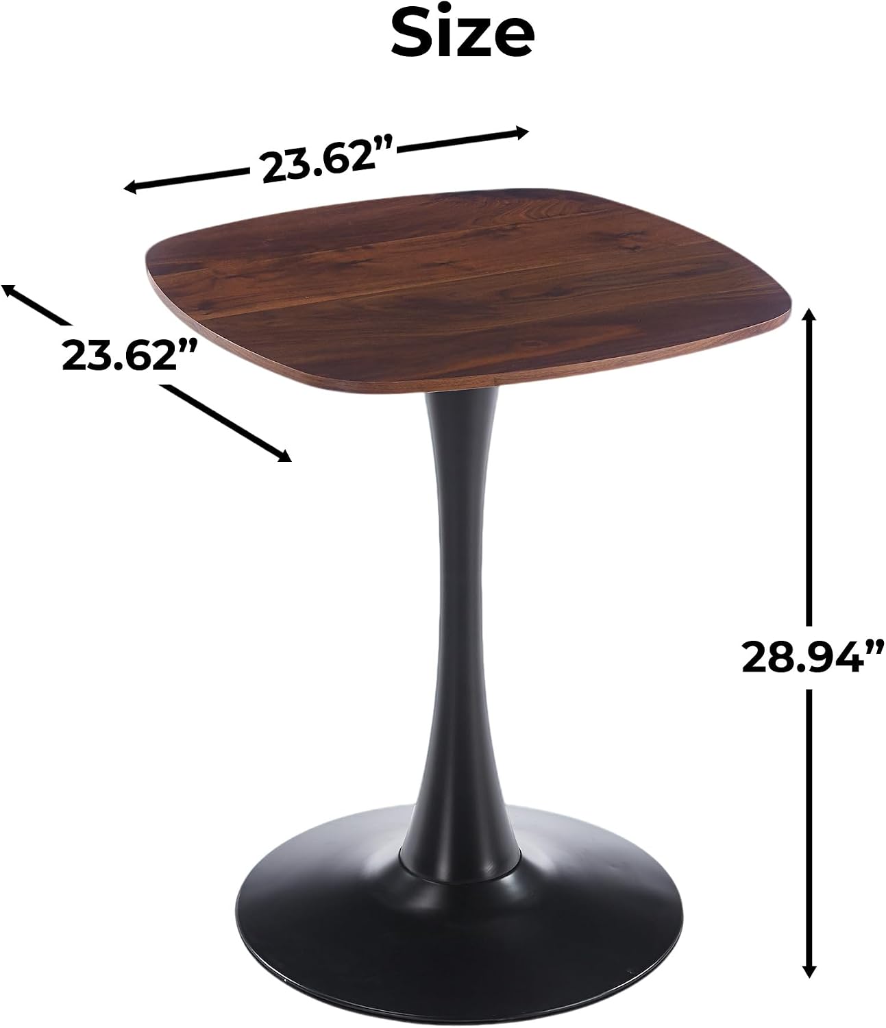 24" Square Tulip Dining Table for 2-4, Modern Kitchen Table with Pedestal Base, End Table Drink Table Small Bistro Table for Small Spaces, Apartment, Cafe, Office, Living Room (Black + Dark Walnut)