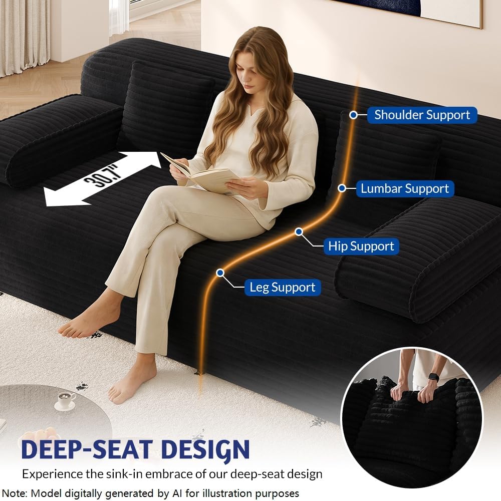 78.7'' Couches Queen, Corduroy Futon Sofa Bed, Modern Floor Couch, Cloud Convertible Sleeper Sofa Daybed, Comfy Loveseat, 3 Pillows, for Small Spaces, Living Room, Apartment, Black
