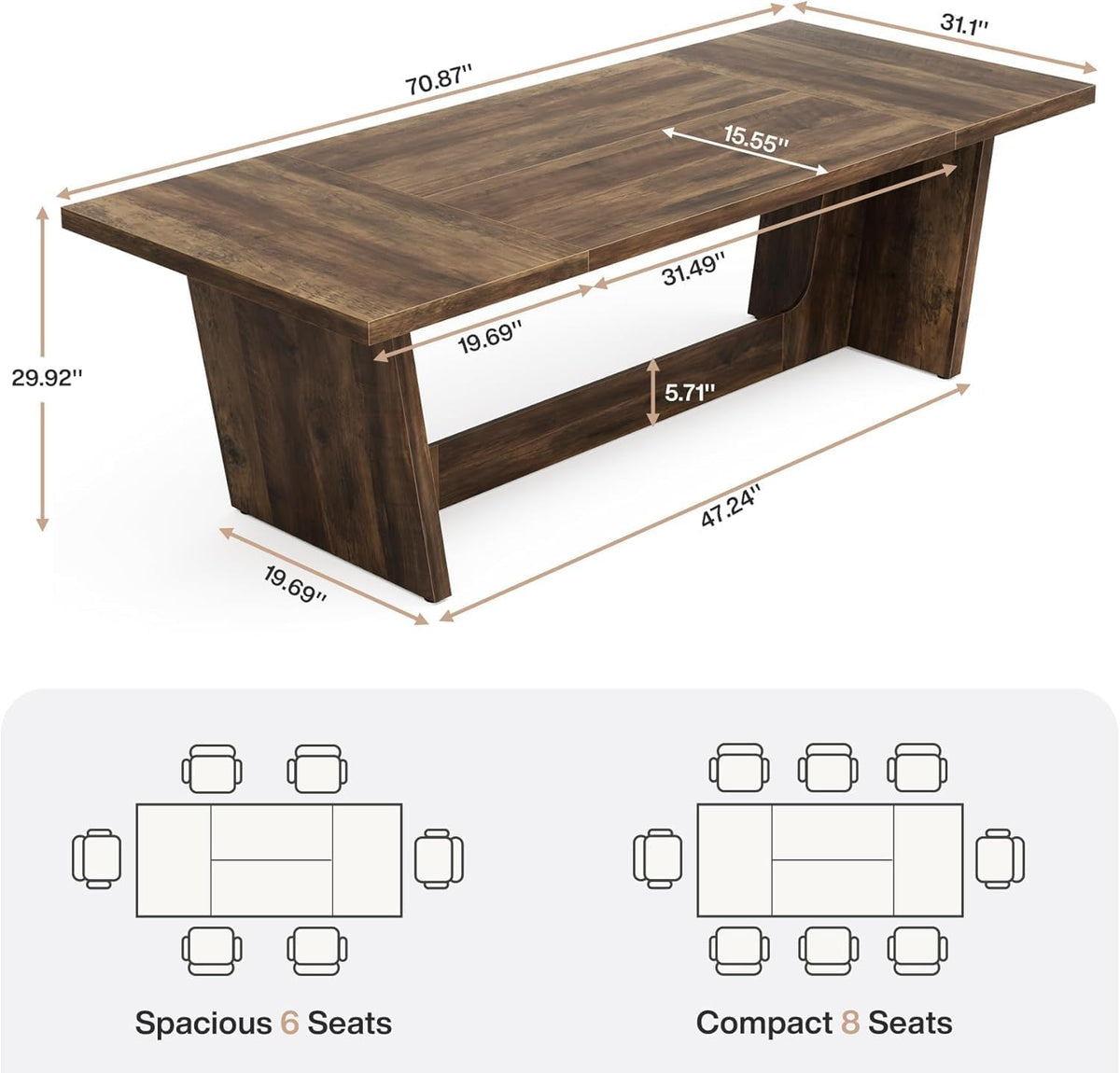 Lailang 71 Inch Dining Table, Rectangular Kitchen Tables, Pedestal Dinner Tables, Rustic Wood Dining Tables, Dining Room Table for 8, Large Table, 71 x 31 x 30 Inch, Rustic Brown