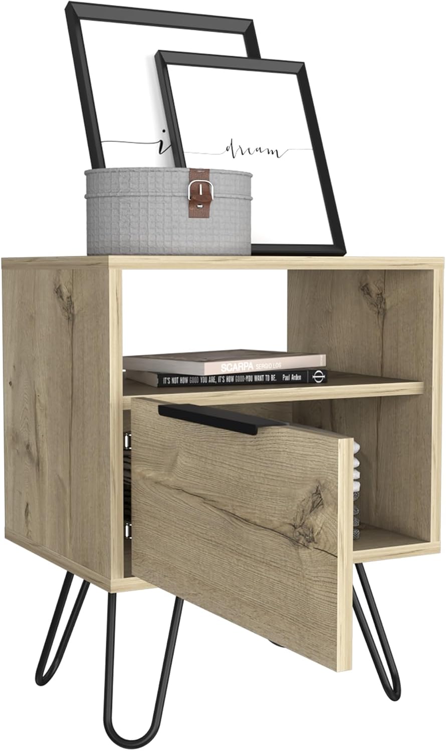 Nightstand 22" H, One Open Shelf, Single Door Cabient, Hairpin Legs, Light Oak,for Small Spaces