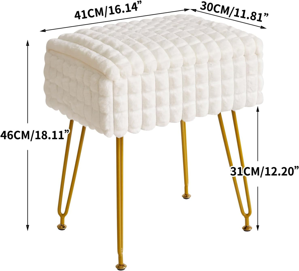 IBUYKE Rectangle Vanity Chair Ottoman, Footrest Stool, White WBD004W | Storage Space Footstool Vanity Stool Dressing Table Chair Anti-Slip Feet Makeup Room Bedroom Square Grid Pattern