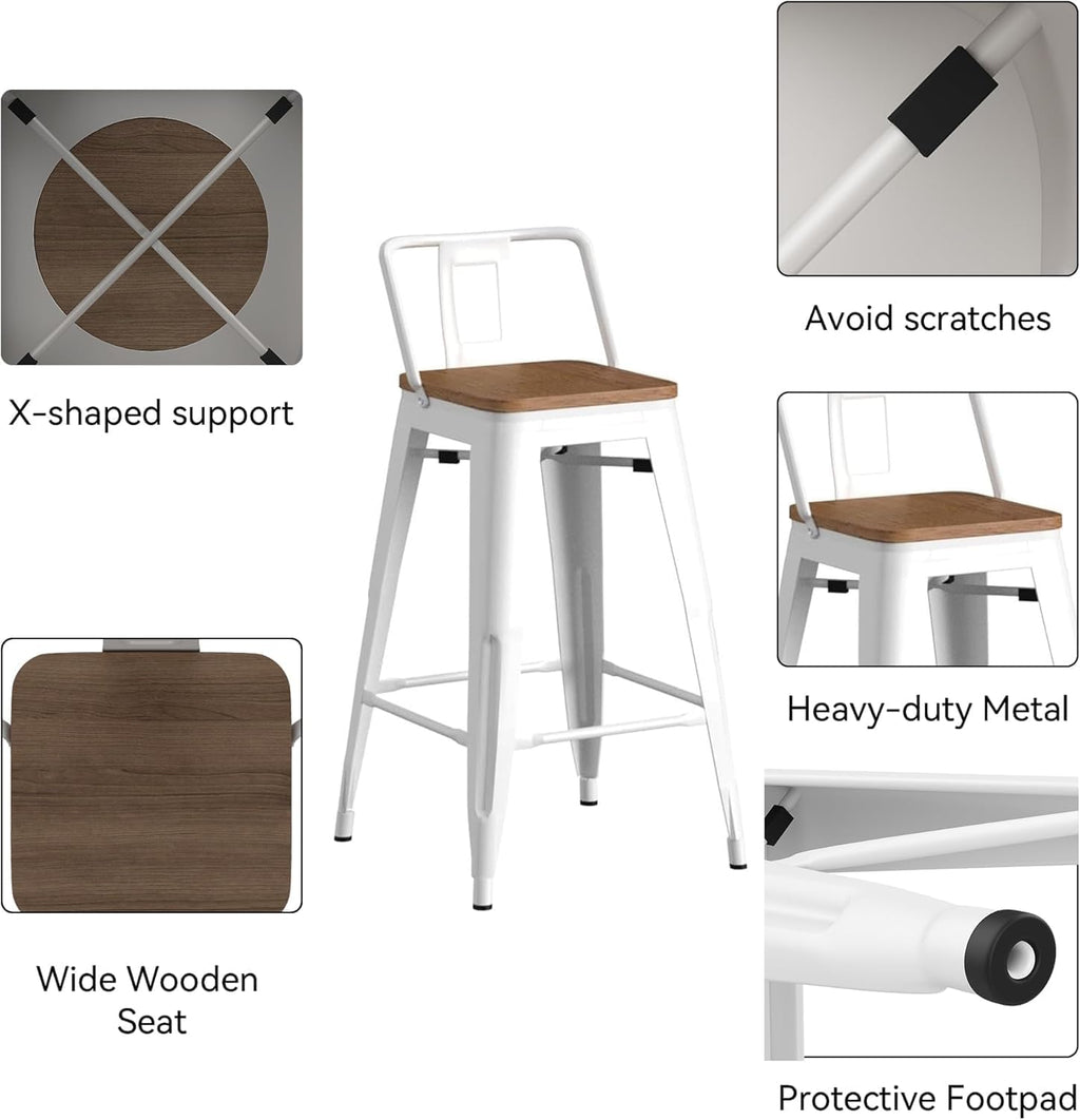 HAOBO Home 30" Bar Stools Set of 2 Bar Height Metal Barstools with Wood Seat Low Back Kitchen Bar Chairs White