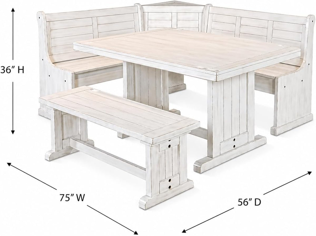 Pemberly Row 75" x 56" Farmhouse Wood Breakfast Nook Set with Table, Storage, Reversable Benche, L-Shaped Corner Bench, for Dining Room, in Marble White Finish