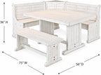 Pemberly Row 75" x 56" Farmhouse Wood Breakfast Nook Set with Table, Storage, Reversable Benche, L-Shaped Corner Bench, for Dining Room, in Marble White Finish