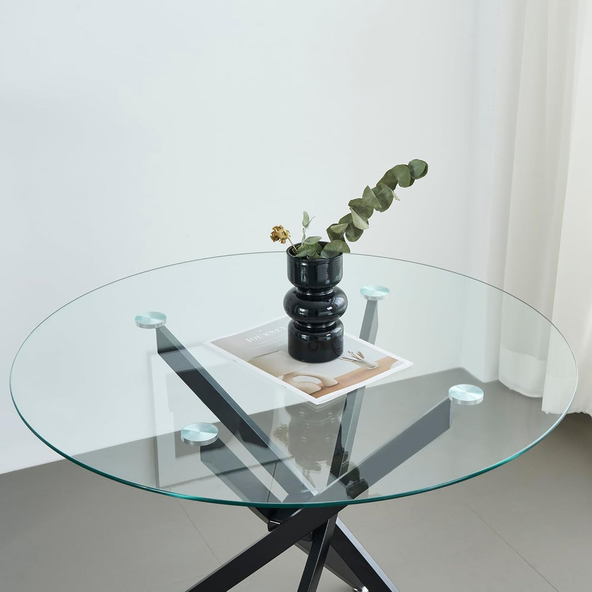 Modern Dining Table for 4 People, 36" Round Dining Table with Black Chrome Metal X-Base, Circle Tempered Glass Dining Room Table, Small Kitchen Dining Room Tables Dinner Tables