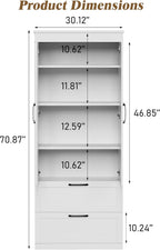 71” H Kitchen Pantry Cabinet, 4-Tier Farmhouse Storage Cabinet with Barn Doors, 2 Drawers, Adjustable Shelf, Freestanding Cupboard for Kitchen, Bathroom, Living Room (White)