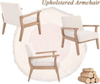 Mid Century Modern Accent Chair Set of 2 Beige Linen Armchair