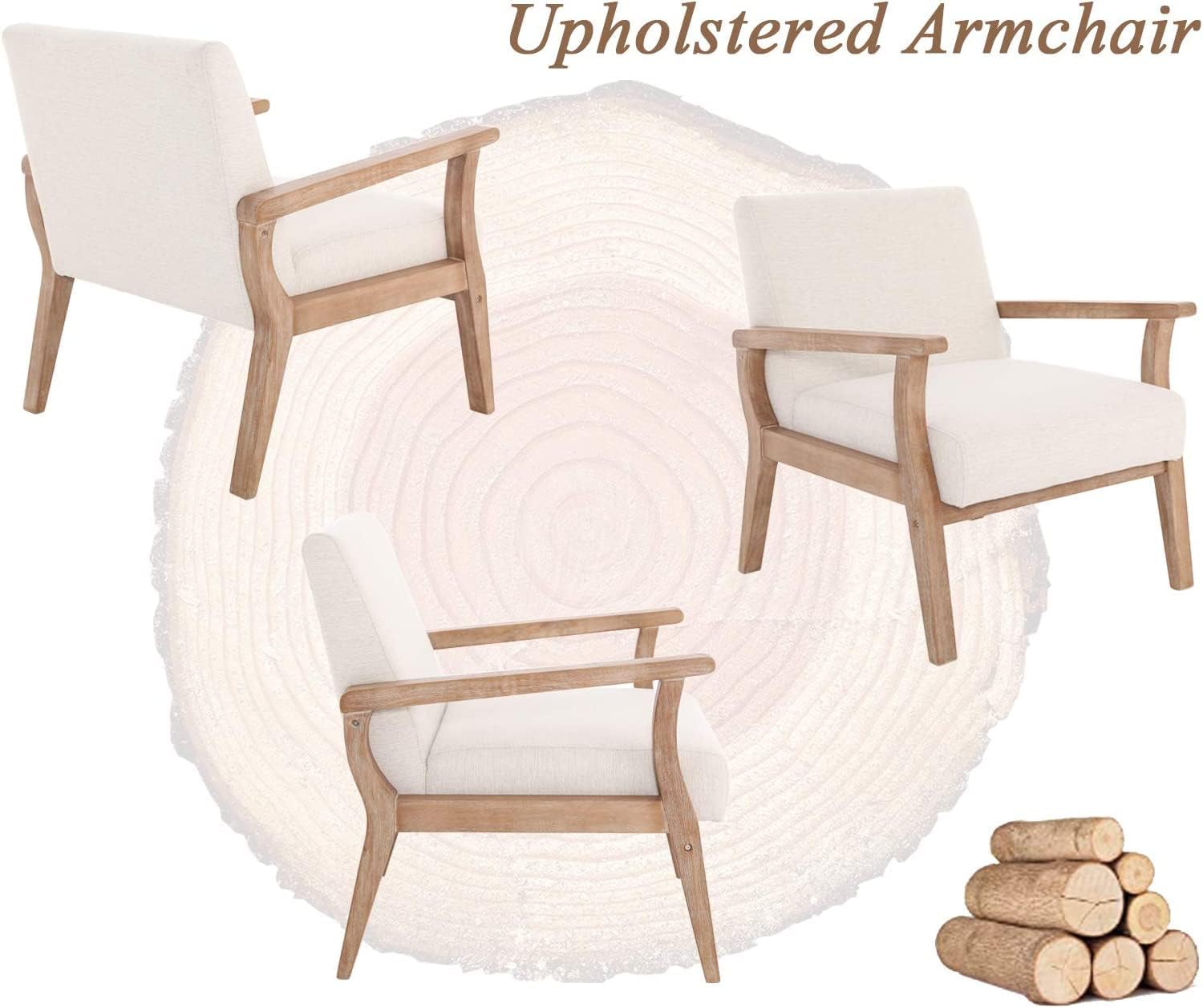 Mid Century Modern Accent Chair Set of 2 Beige Linen Armchair