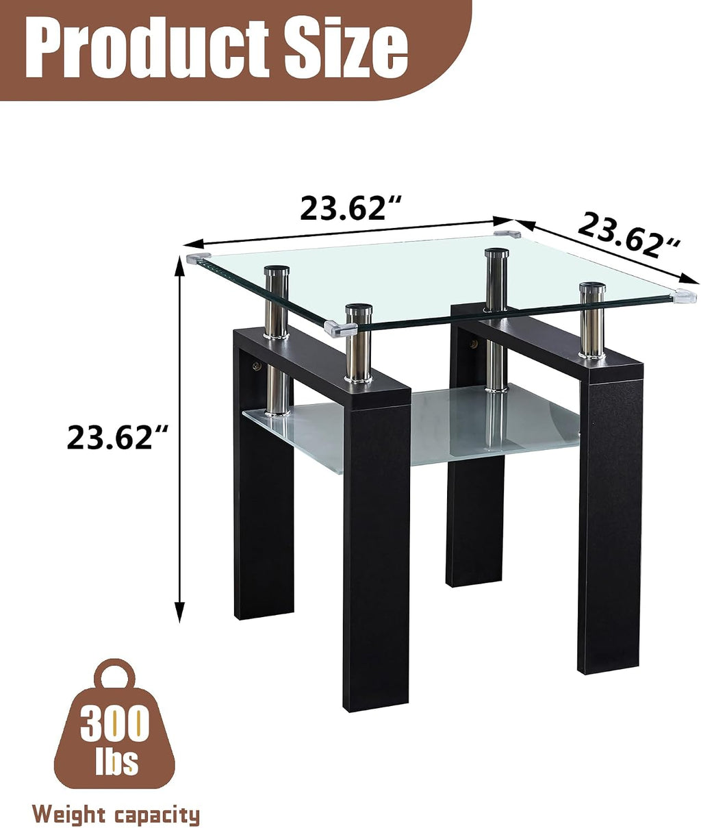 2-Tier End Table with Tempered Glass Top and MDF Frame, Modern Black Square Side Table with Storage Shelf for Living Room, Bedroom, Apartment, Easy to Assemble