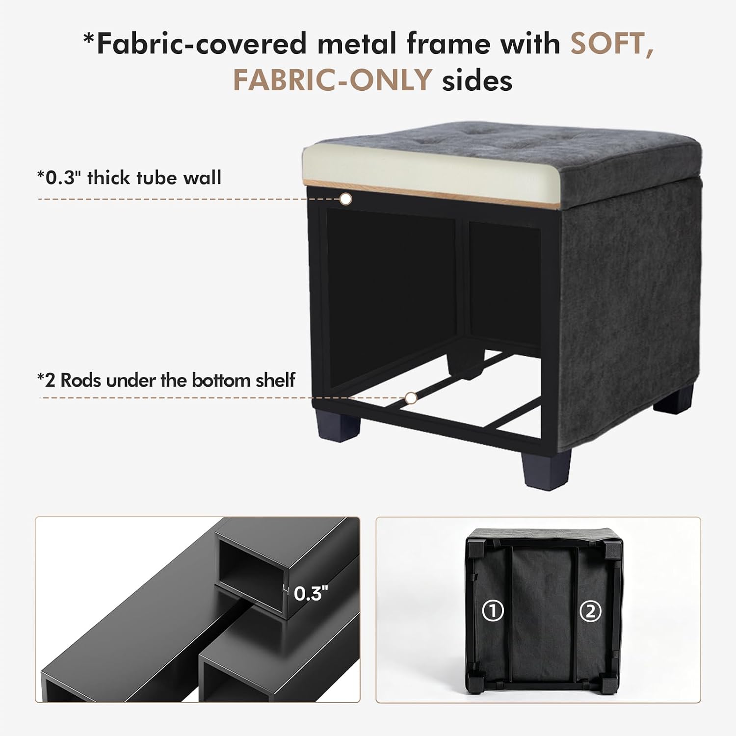 ABHENG Steel Frame Square Ottoman with Storage Gray UASND641G | 17.7" x 17.7" x 17.7", Hold 660 lbs, 48L Storage Capacity, Breathalbe Chenille, Removable Lid, for Dorm Living Room