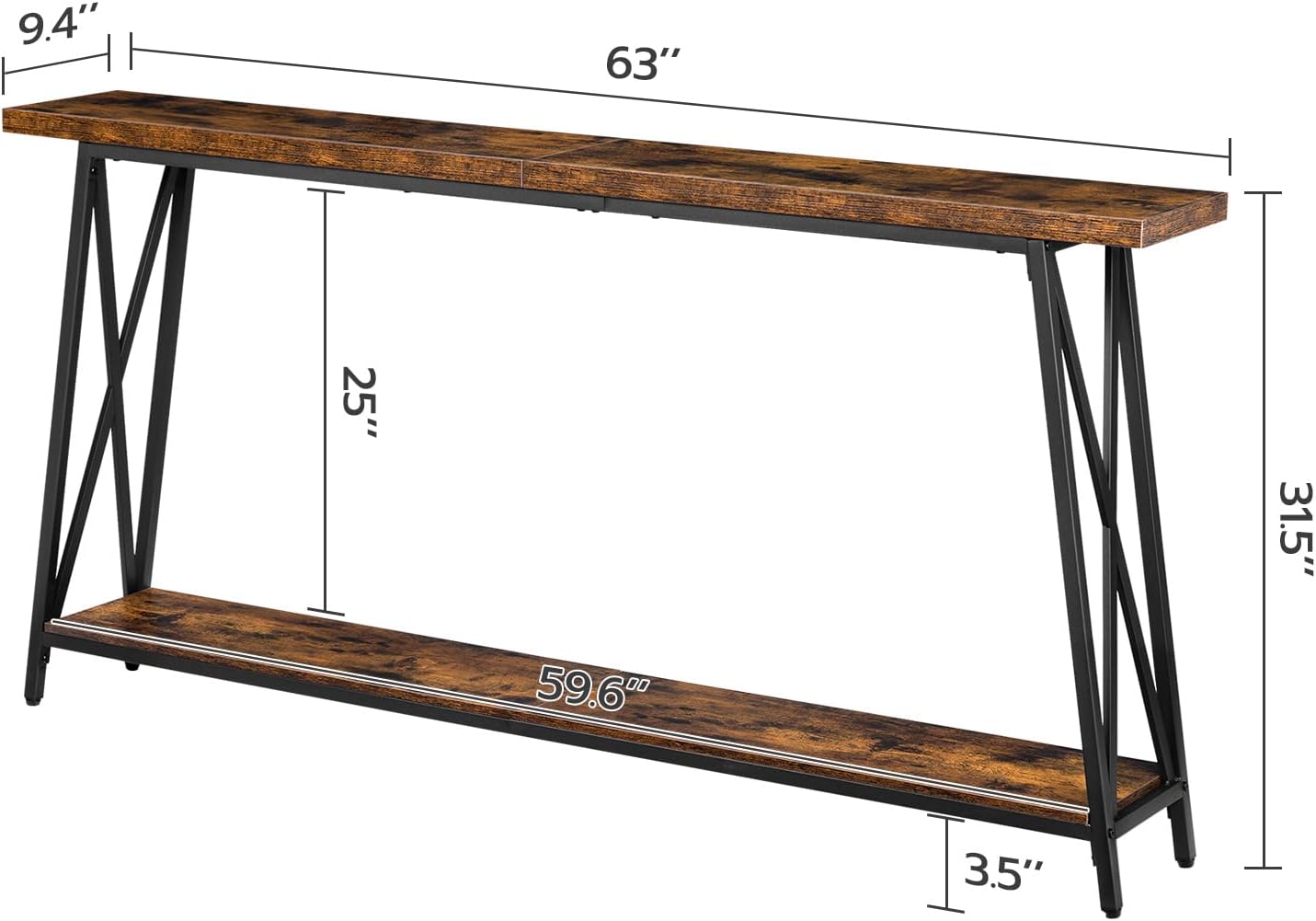 MAHANCRIS Console Table for Entryway, 63" Industrial Entryway Table, 2-Tier Extra Long Sofa Table Behind Couch, X-Shaped Support, for Entryway, Hallway, Living Room, Rustic Brown CTHR4801Z