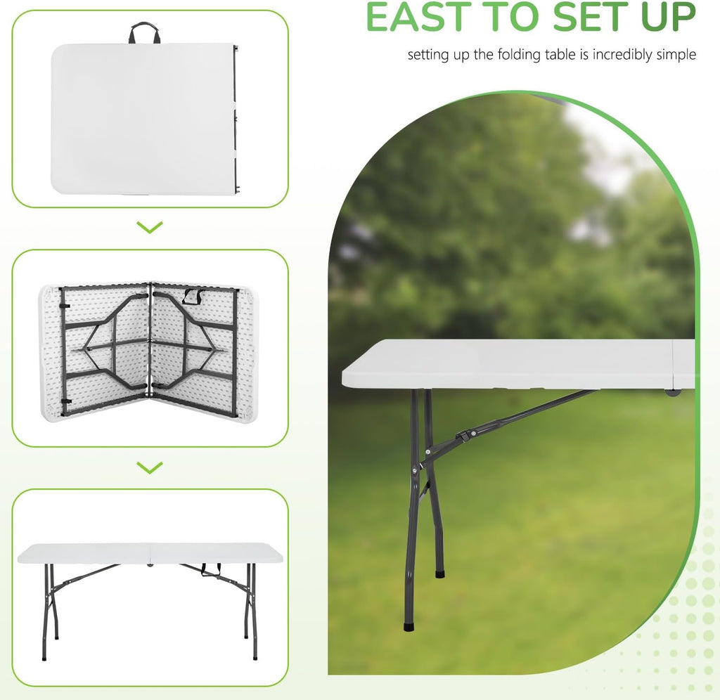 PayLessHere | 6FT Folding Table | Portable Plastic Table with Carry Handle | Waterproof & Foldable Table Design | Steel Frame with Lock | White | for Events, Camping, Indoor & Outdoor Use