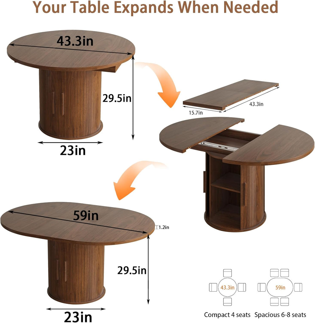 Expandable Dining Table,Round Wooden Kitchen Table,Double Layered Storage Space with Partitions,Equipped with Circular Sliding Doors, Suitable for Kitchen (Expandable Dining table-Walnut-02)