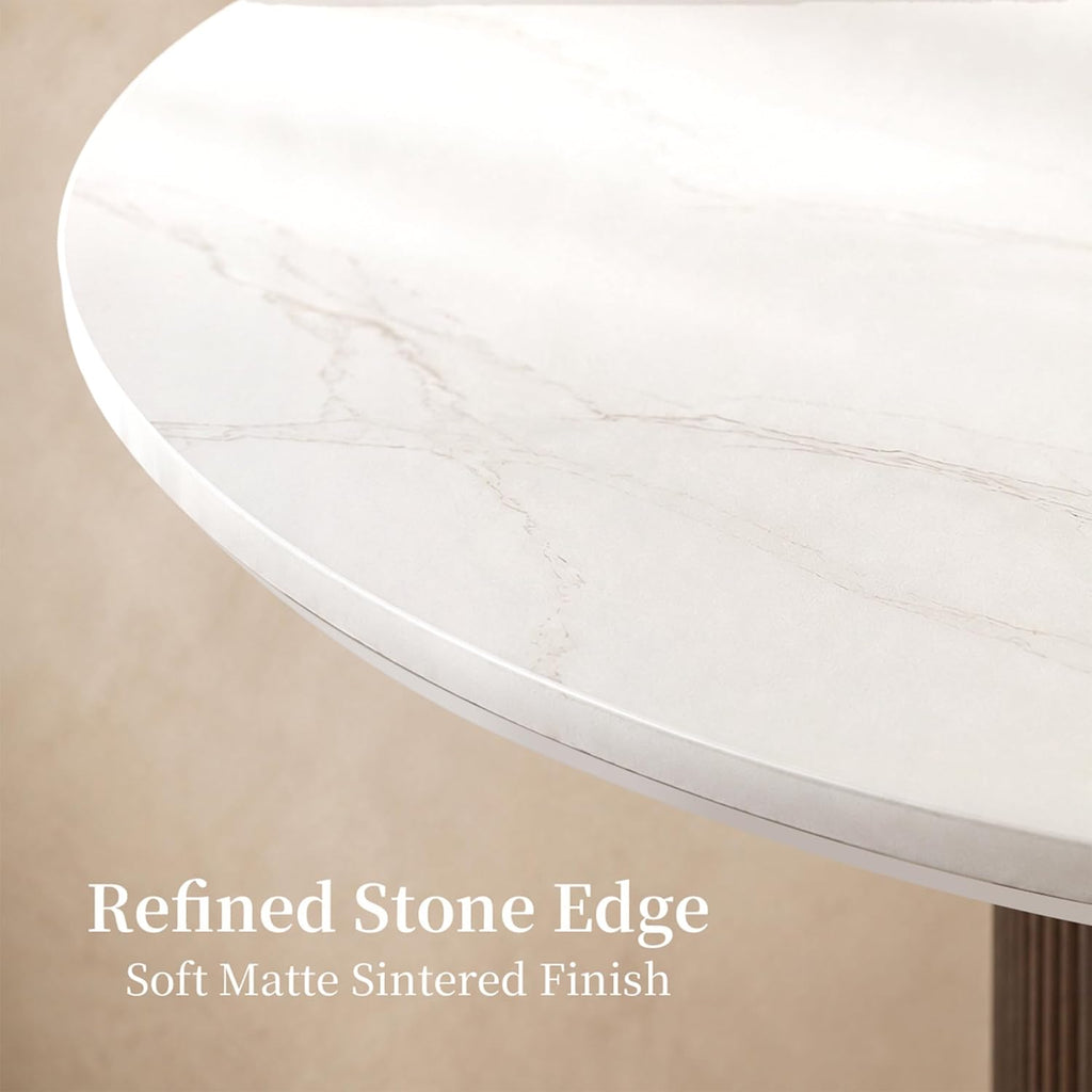 42 Inch Round Dining Table for 4, Modern White Marble Table with Fluted Solid Wood Base for Kitchen, Dining Room and Apartment