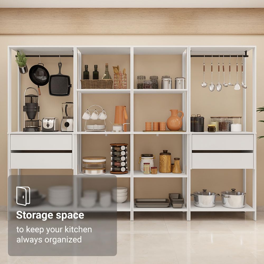 Madesa Kitchen Pantry Storage Rack with 4 Drawers, Open Shelves and Hanging Spaces 102" L Multiuse Modular Cabinet for Kitchen Organization - White