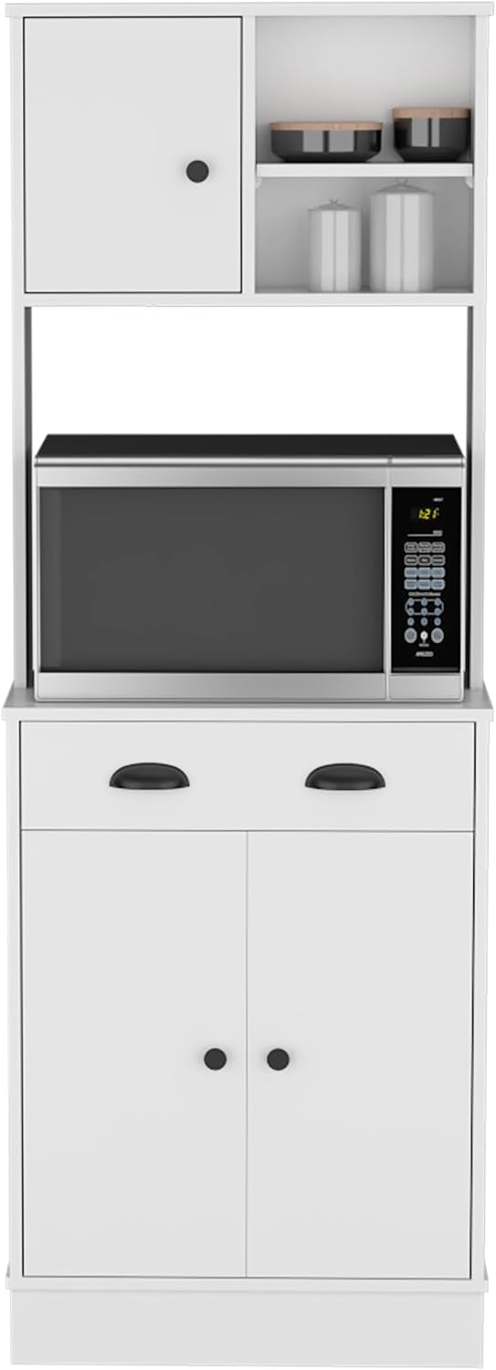White 3-Door Kitchen Cabinet with Drawer & Microwave Space - Small Kitchen Storage