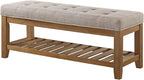 24KF Large Rectangular Upholstered Tufted Linen Fabric Ottoman Bench, Padded Bench with Solid Wood Shelf-Linen