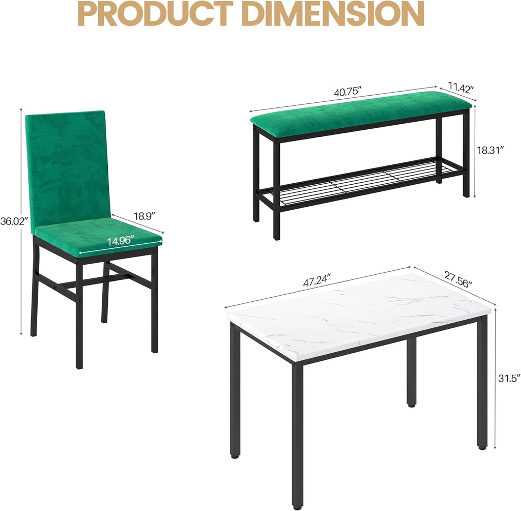 YOFE Dining Table Set for 4,Faux Marble Kitchen Table,Kitchen Table Chairs Set with Velvet Chairs,Bench with Storage Net for Dining Room,Small Apartment (Green 1+3)