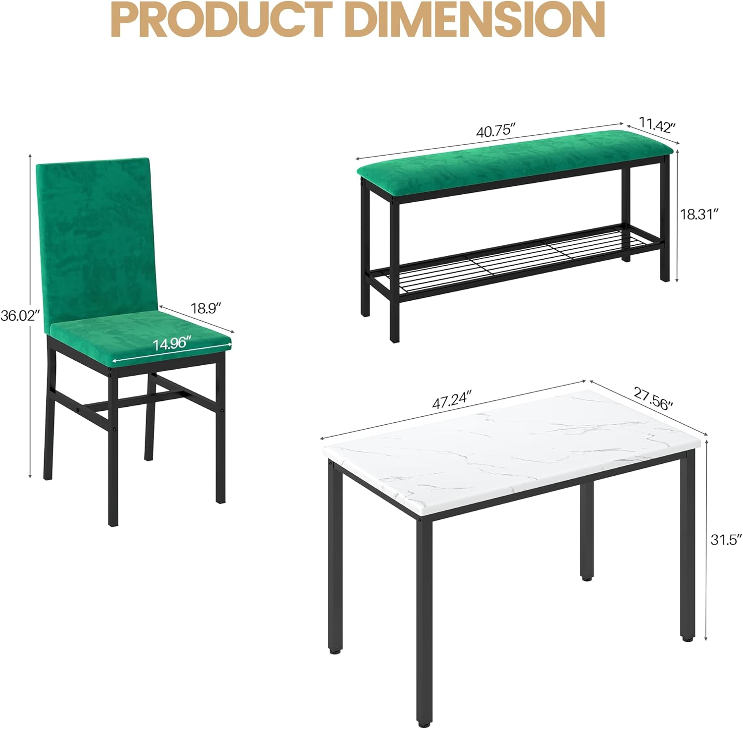 YOFE Dining Table Set for 4,Faux Marble Kitchen Table,Kitchen Table Chairs Set with Velvet Chairs,Bench with Storage Net for Dining Room,Small Apartment (Green 1+3)